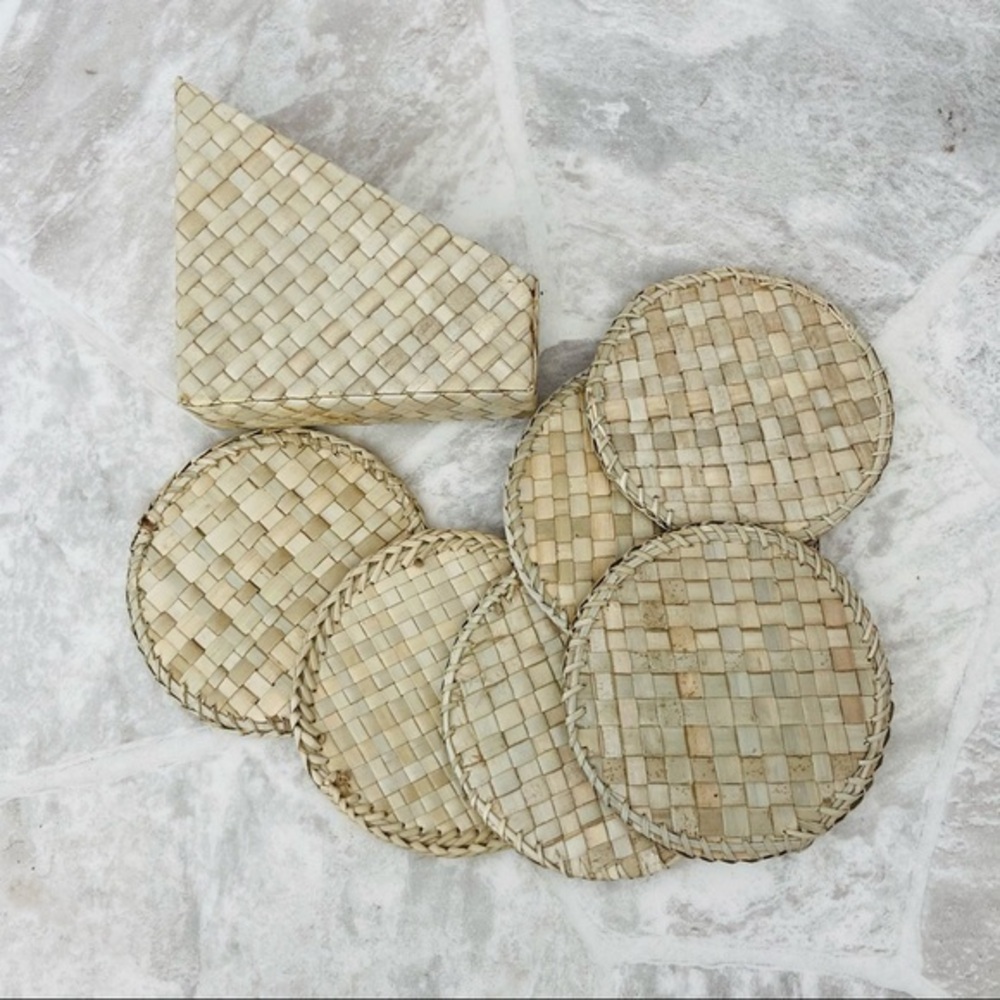 Set of six tan woven wicker rattan coasters and holder